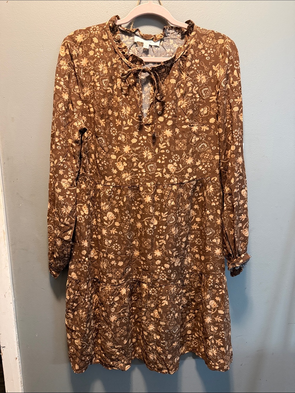 Lucky Brand Brown Floral Long Sleeve Tie-Neck Dress